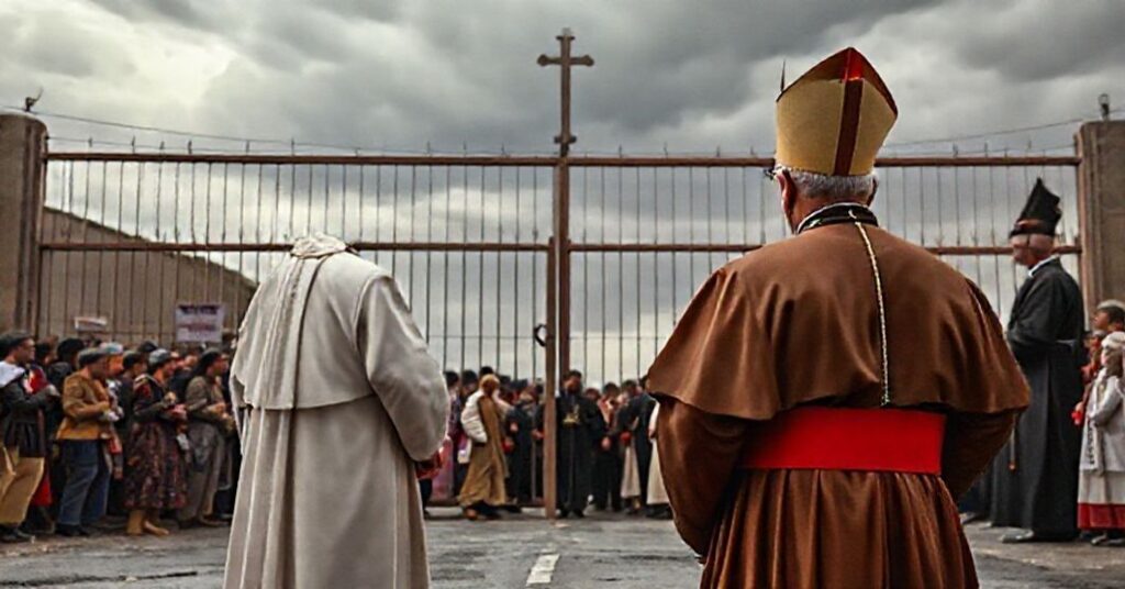 Biskup katolicki w tradycyjnych szatach stoi przed zamkniętymi granicami symbolizującymi konflikt między wiarą a modernistyczną polityką migracyjną