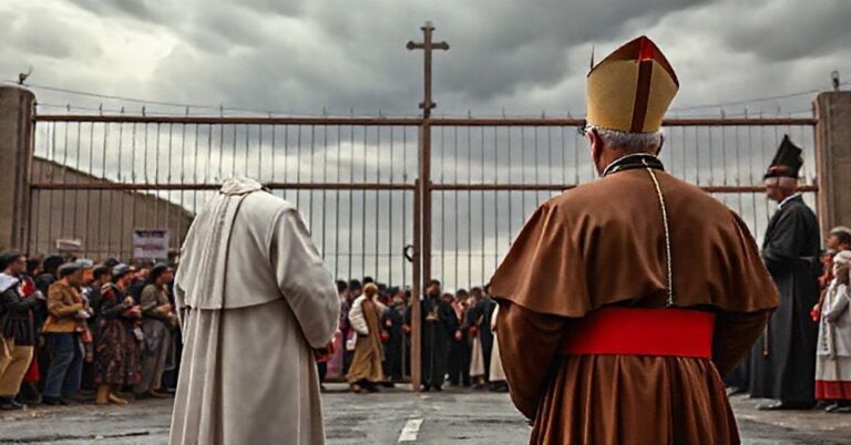 Biskup katolicki w tradycyjnych szatach stoi przed zamkniętymi granicami symbolizującymi konflikt między wiarą a modernistyczną polityką migracyjną
