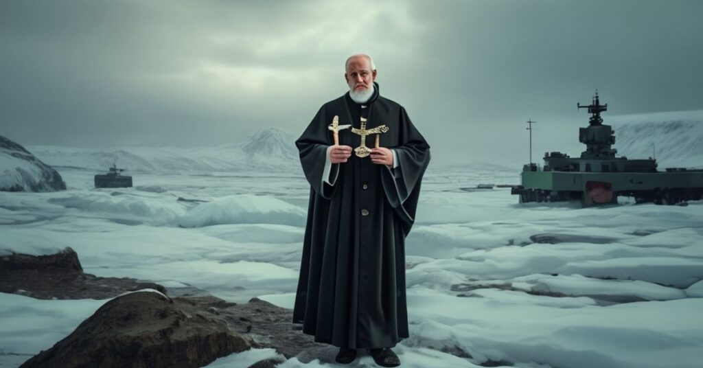 Katolicki biskup w tradycyjnych szatach stojący na lodowej wybrzeżu Grenlandii, trzymając krzyż i patrzący na odległe ćwiczenia wojskowe. Scena odzwierciedla napięcie między politycznym pragmatyzmem a boskim prawem.