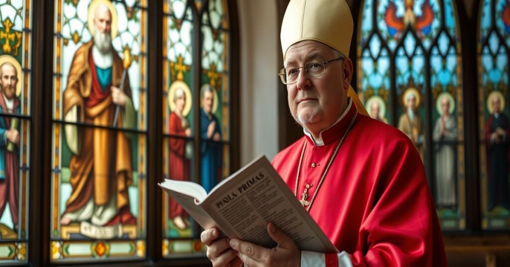 Tradycyjny biskup katolicki w kaplicy z witrażami przedstawiającymi świętych, trzymający Quas Primas, z tłem politycznych liderów