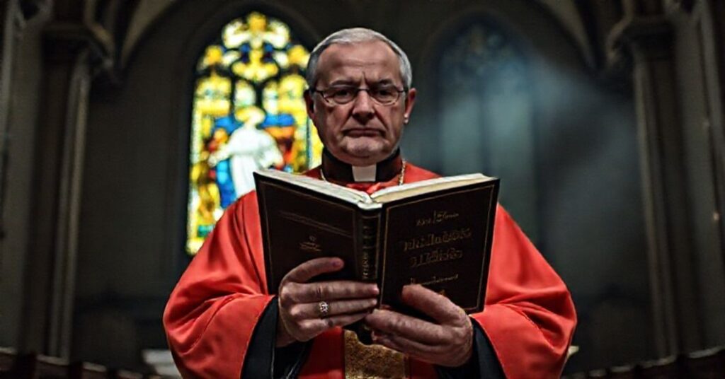 Biskup katolicki w tradycyjnym stroju liturgicznym trzymający księgę z tytułem "28-Punktowy Plan Pokojowy dla Ukrainy", na tle witraża z Ukrzyżowaniem