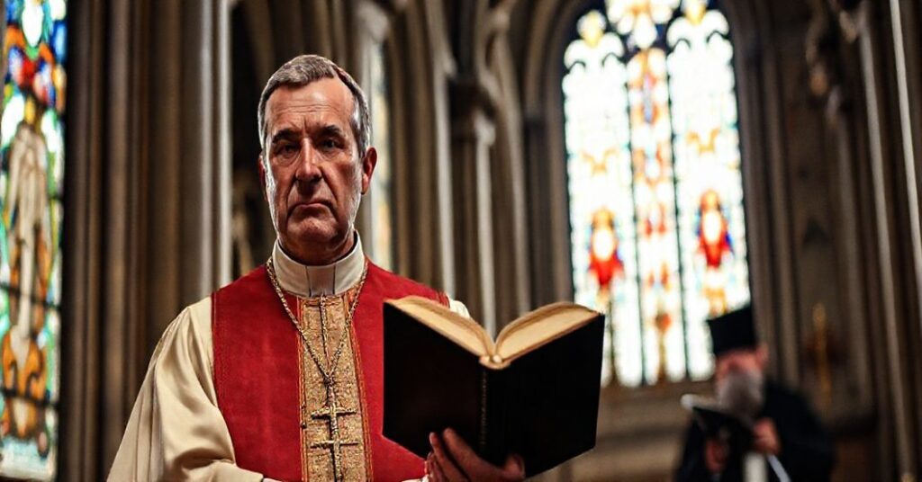 Senior biskup katolicki w tradycyjnych szatach liturgicznych stoi w wielkim katedrze z poważnym wyrazem twarzy, trzymając Biblię. W tle widoczny jest rabin w tradycyjnym ubraniu.