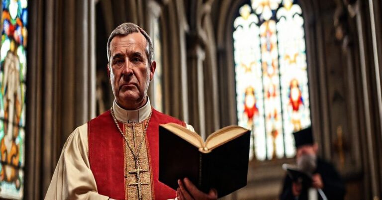 Senior biskup katolicki w tradycyjnych szatach liturgicznych stoi w wielkim katedrze z poważnym wyrazem twarzy, trzymając Biblię. W tle widoczny jest rabin w tradycyjnym ubraniu.