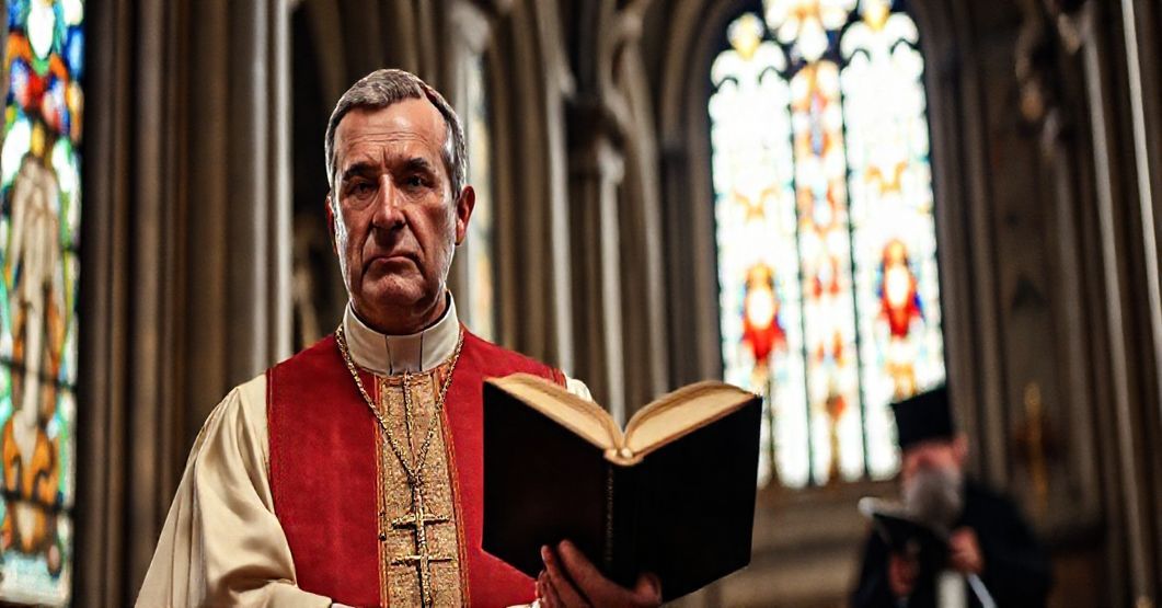 Senior biskup katolicki w tradycyjnych szatach liturgicznych stoi w wielkim katedrze z poważnym wyrazem twarzy, trzymając Biblię. W tle widoczny jest rabin w tradycyjnym ubraniu.