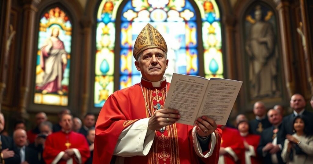 Biskup katolicki w tradycyjnych szatach liturgicznych przemawia do duchownych przed witrażem przedstawiającym Chrystusa-Króla. Akcentuje koncepcję Królestwa Chrystusowego nad światowymi ambicjami militarizmu.