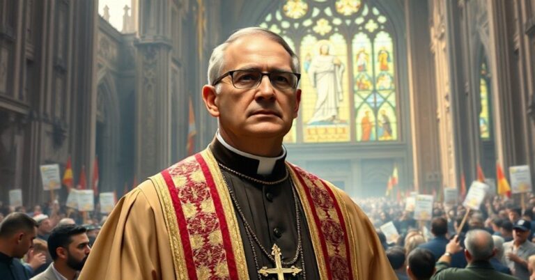 Biskup katolicki w tradycyjnych szatach liturgicznych stoi przed wielką katedrą, przypominając o królestwie Chrystusa w opozycji do demokracji światowej