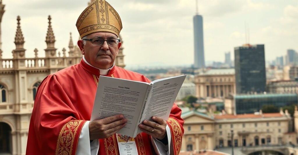 Biskup katolicki przed katedrą z encykliką Piusa XI w tle siedziba ONZ