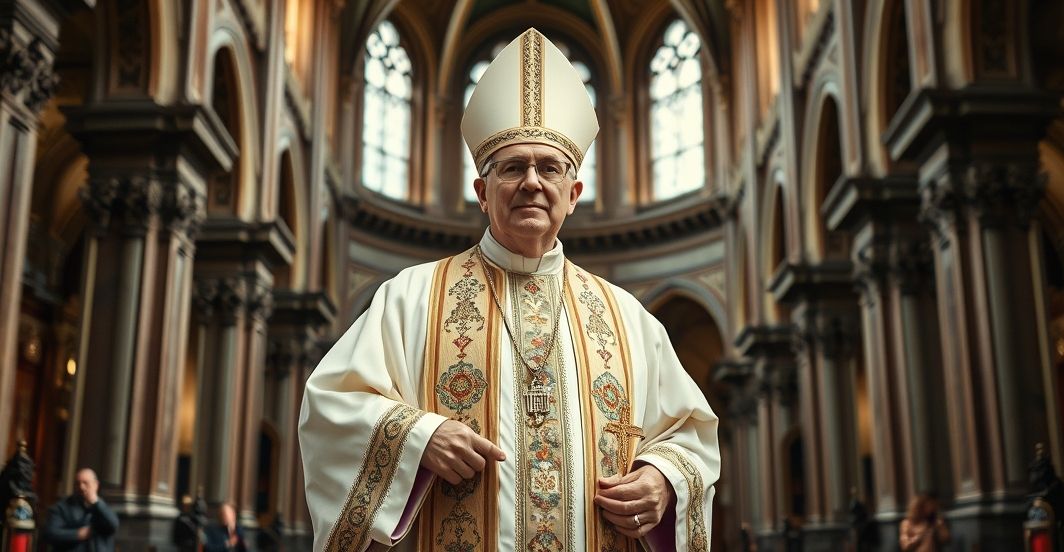 Biskup w tradycyjnym stroju katolickim w świątyni, symbolizujący krytykę modernistycznych nominacji i zdradę królestwa Chrystusa