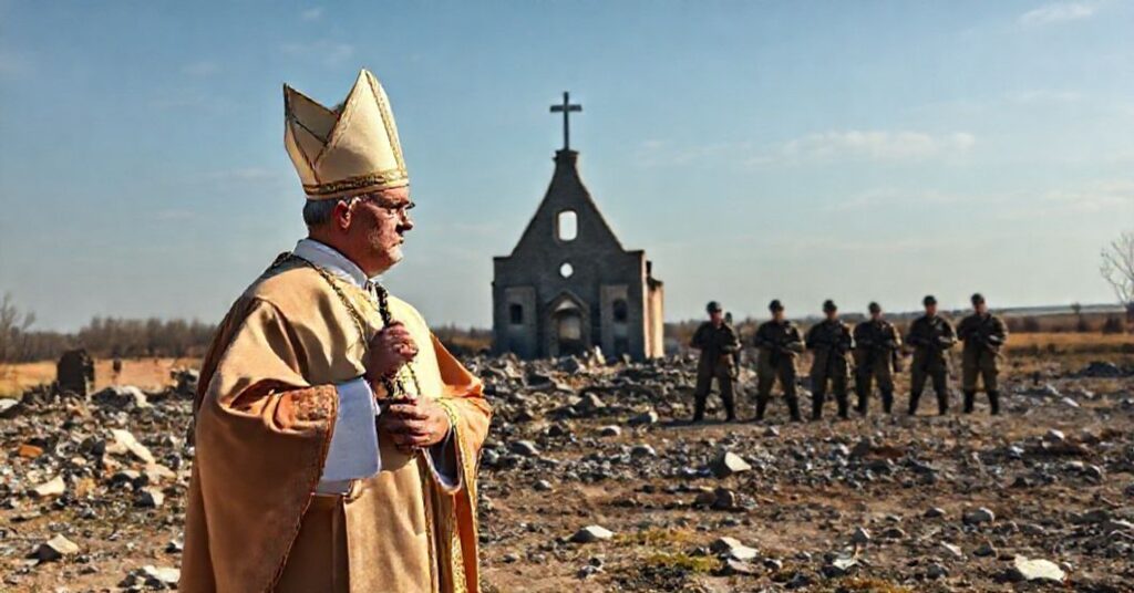 Biskup katolicki w tradycyjnym ornacie stojący przed zniszczonym krajobrazem ukraińskim, trzymając krzyż przed ruinami zabombardowanej cerkwi. Na tle grupa żołnierzy bez symboli religijnych symbolizuje fałszywe gwarancje bezpieczeństwa NATO. Scena podkreśla napięcie między ziemską siłą a boską sprawiedliwością.
