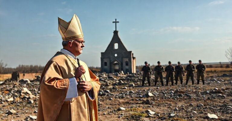 Biskup katolicki w tradycyjnym ornacie stojący przed zniszczonym krajobrazem ukraińskim, trzymając krzyż przed ruinami zabombardowanej cerkwi. Na tle grupa żołnierzy bez symboli religijnych symbolizuje fałszywe gwarancje bezpieczeństwa NATO. Scena podkreśla napięcie między ziemską siłą a boską sprawiedliwością.