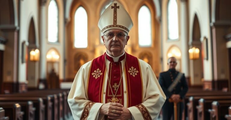 Biskup w tradycyjnym stroju katolickim w kościele, symbolizujący duchowe rozpoznanie zagrożeń bezbożnych sojuszy wojskowych