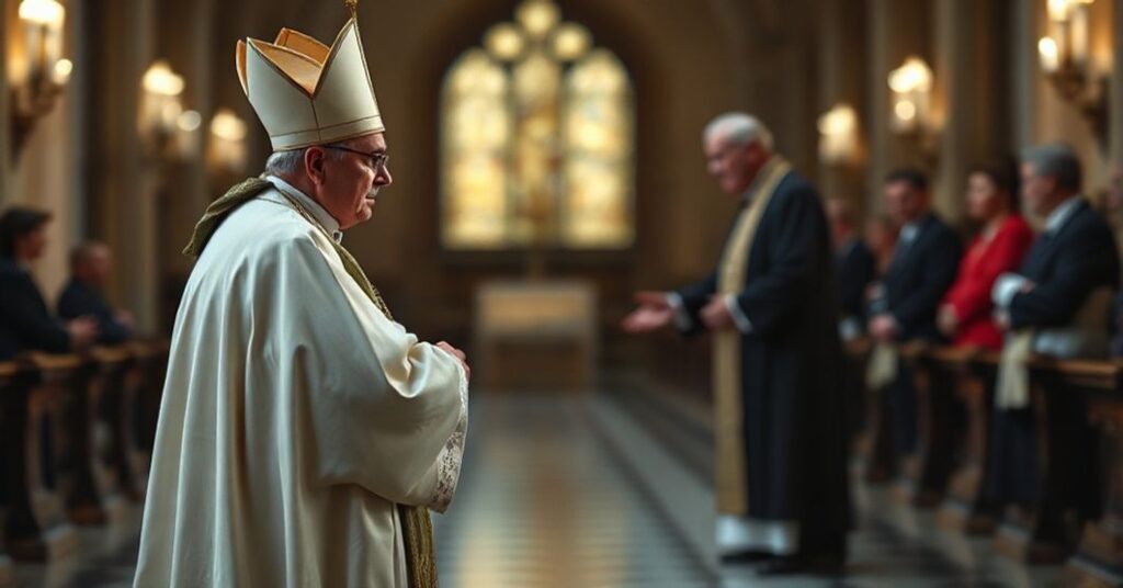 Tradycyjny biskup katolicki w pełnym stroju liturgicznym patrzy z żalem na zdjęcie prezydenta Chile Gabriele Borica z fałszywym duchownym.