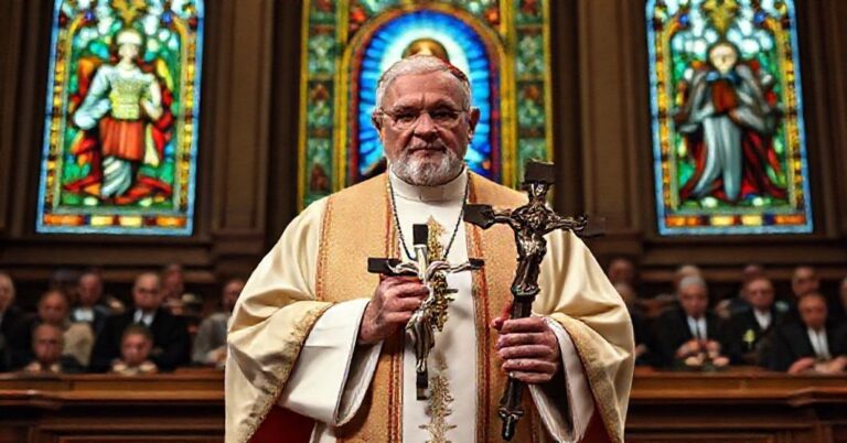 Tradycyjny biskup katolicki trzymający krzyż przed legislaturą Alberty, z witrażem Serca Jezusa na tle