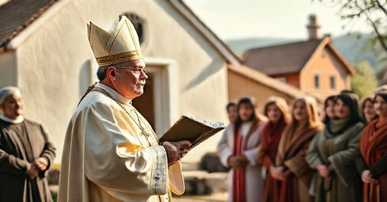 Katedralny biskup w tradycyjnych szatach liturgicznych stoi przed kościołem, trzymając książkę nauki katolickiej, podczas gdy grupa wiernych słucha uważnie. Scena jest oświetlona delikatnym naturalnym światłem, przekazując uczucie poważności i obowiązku.