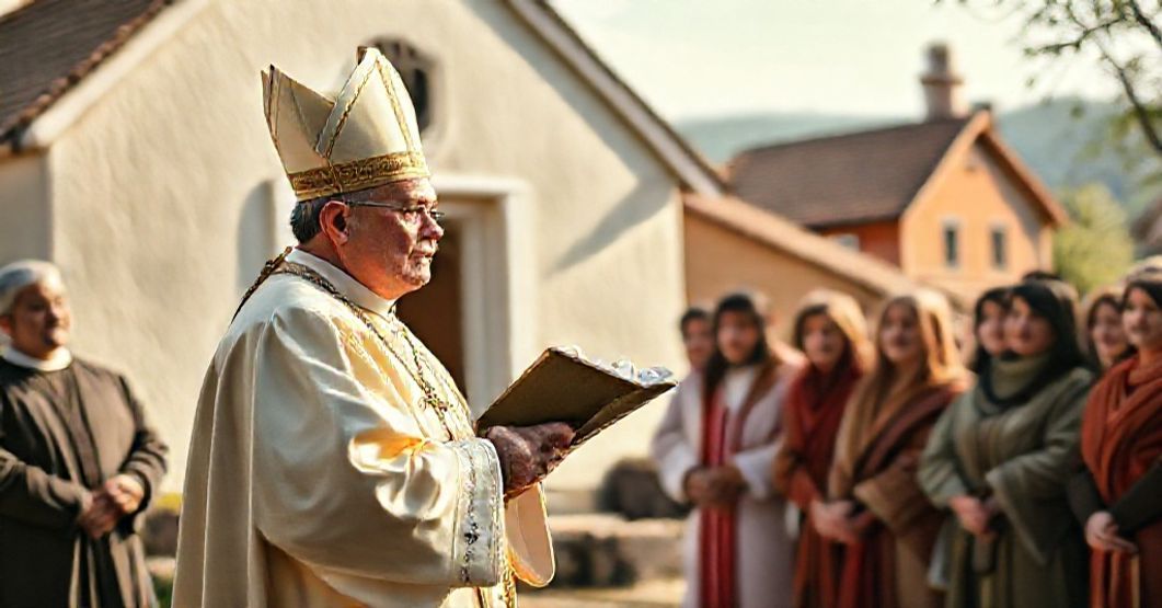 Katedralny biskup w tradycyjnych szatach liturgicznych stoi przed kościołem, trzymając książkę nauki katolickiej, podczas gdy grupa wiernych słucha uważnie. Scena jest oświetlona delikatnym naturalnym światłem, przekazując uczucie poważności i obowiązku.