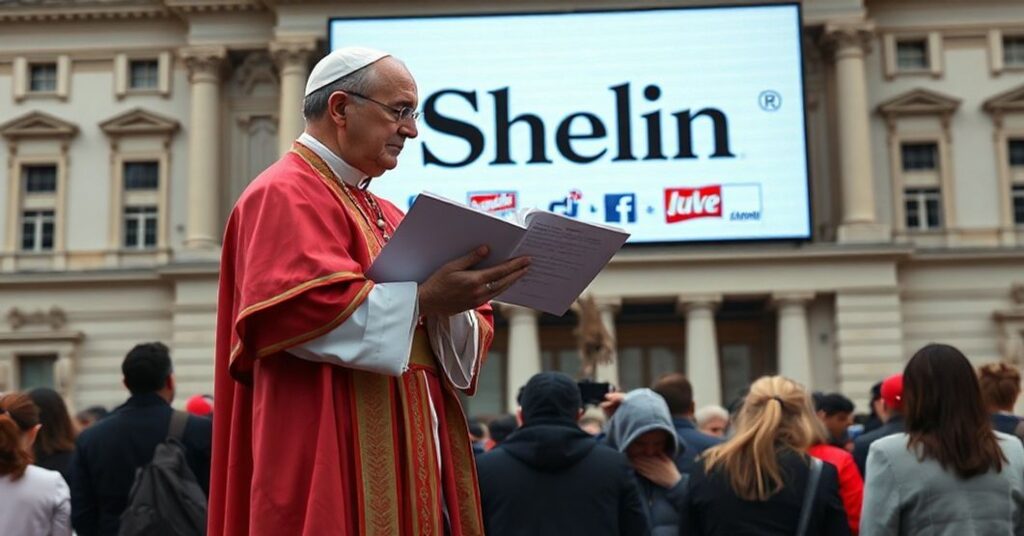 Biskup katolicki w tradycyjnych szatach modlących się ludzi przed budynkiem rządu francuskiemu z ekranem wyświetlającym logo Shein i kontrowersyjne produkty