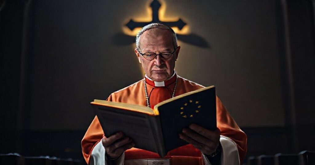Biskup katolicki w tradycyjnym ornaty trzymający Biblię, patrząc z powagą na dokument UE z flagą Unii Europejskiej.