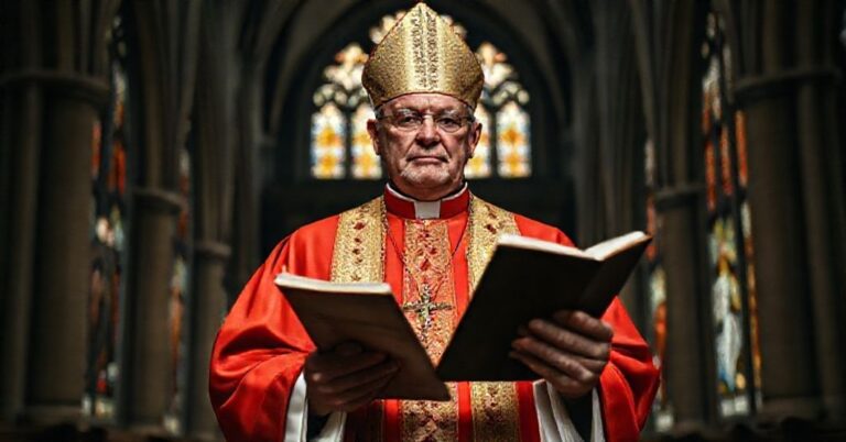 Portret tradycyjnego biskupa katolickiego w pełnym stroju liturgicznym stojącego w ciemnym kościele z witrażami przedstawiającymi życie Chrystusa.