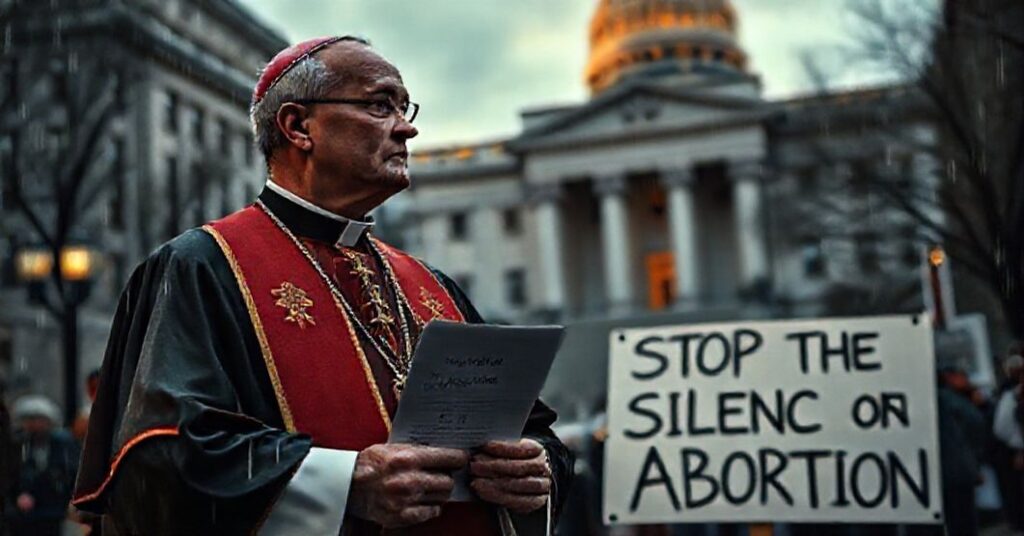 Biskup katolicki w tradycyjnych szatach stoi przed budynkiem rządowym, trzymając dokument dotyczący danych na temat aborcji, otoczony znakami protestowymi przeciwko decydu CDC o zawieszeniu raportowania danych na temat aborcji.