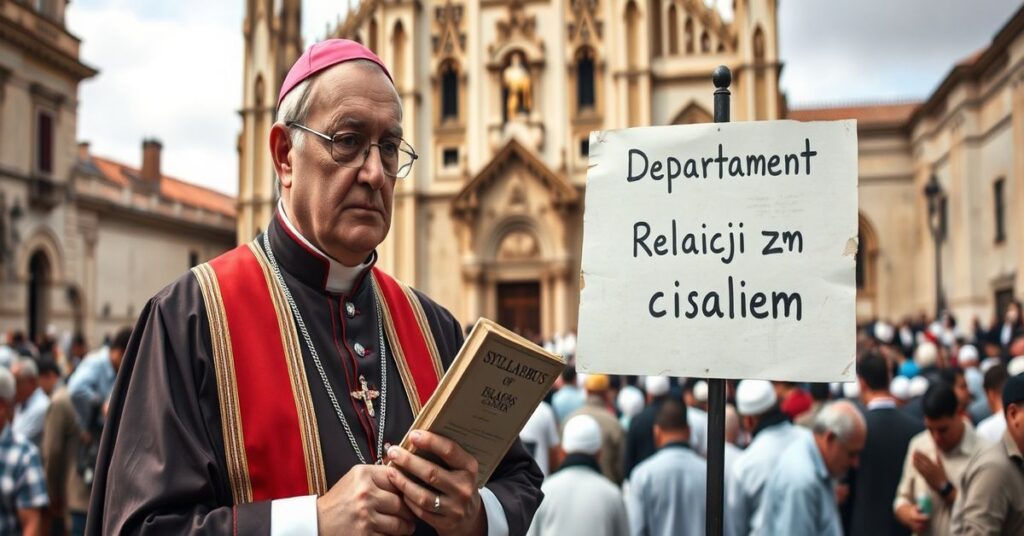 Tradycyjny katolicki biskup przed hiszpańską katedrą z rozgoryczeniem patrzący na znak 'Departament Relacji z Islamem', trzymając kopię Syllabusu Błędów.