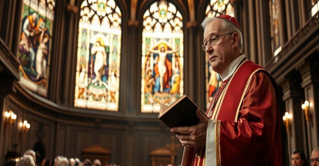 Katolicki biskup w tradycyjnym stroju liturgicalnym stoi w francuskiej katedrze, trzymając biblię i przemawiając do zaniepokojonej współnoty. Witraże przedstawiają sceny mączeństwa i cierpienia z Chrystusem na krzyżu. Wyraz twarzy biskupa jest pełny smutku i determinacji podczas potępiania francuskiego projektu ustawy o eutanazji.