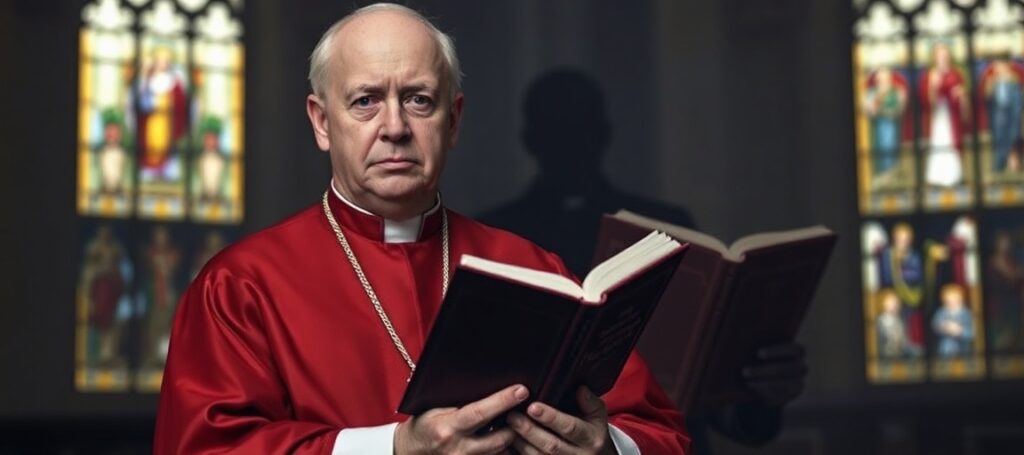 Tradycyjny biskup katolicki w pełnym stroju liturgicznym trzymający Katechizm Kościoła Katolickiego w ciemnej kościelnej wnęce z witrażami.