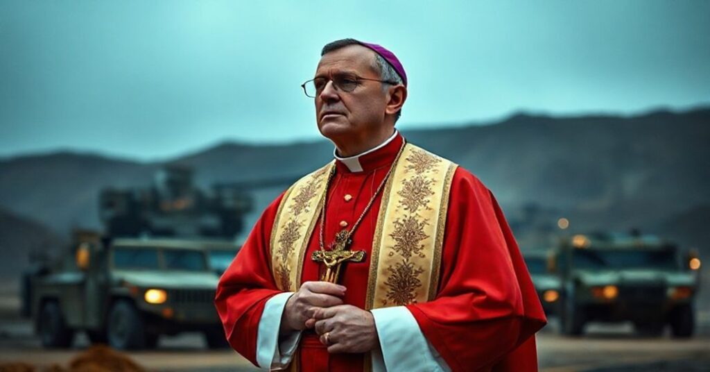 Biskup katolicki w tradycyjnych szatach liturgicznych stoi przed kompleksem górniczym z wojskowymi pojazdami w tle, patrząc z zamyśleniem z krzyżem w dłoni.
