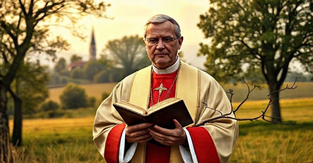 Tradycyjny biskup katolicki w pełnym stroju liturgicznym trzymający Biblię i gałązkę, stojący przed idyllicznym krajobrazem z kościołem na tle.