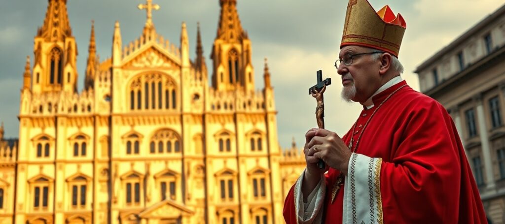Biskup w tradycyjnych szatach liturgicznych stojący przed katedrą w Europie, trzymając krzyż i patrzący z troską na budynek parlamentu europejskiego w tle.