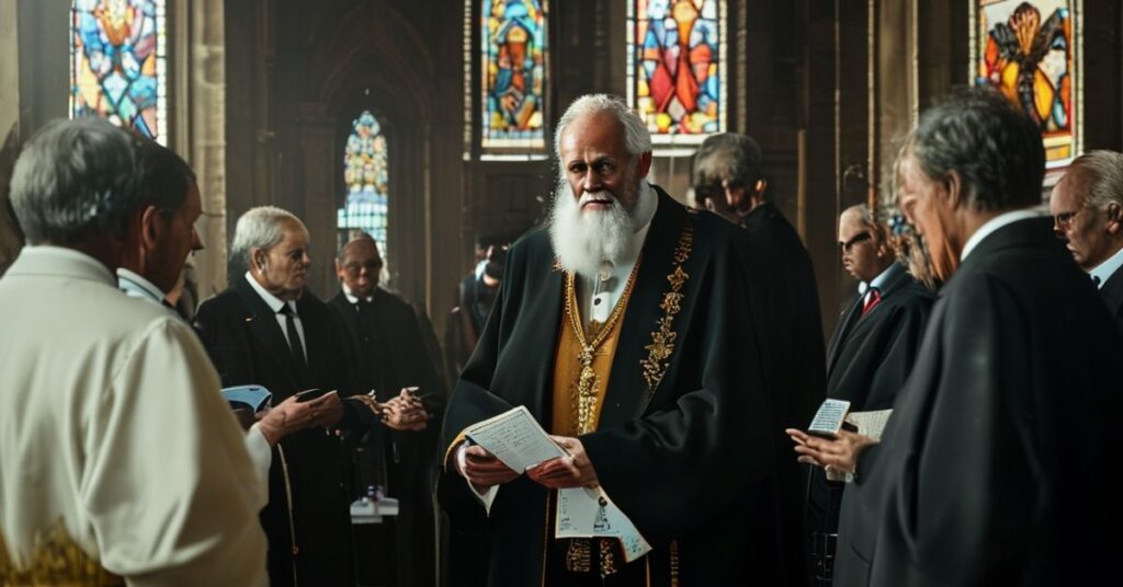 Biskup katolicki w tradycyjnych szatach przed politykami Europy dyskutującymi o bezpieczeństwie międzynarodowym