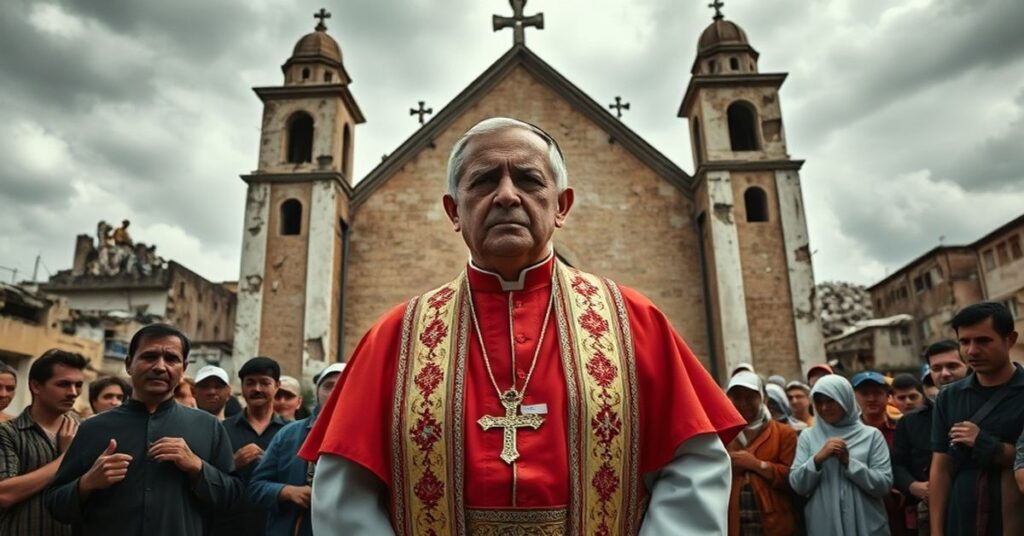 Biskup katolicki w tradycyjnych szatach przed runęjącym kościołem na Kubie, otoczony cierpiącymi wiernymi.