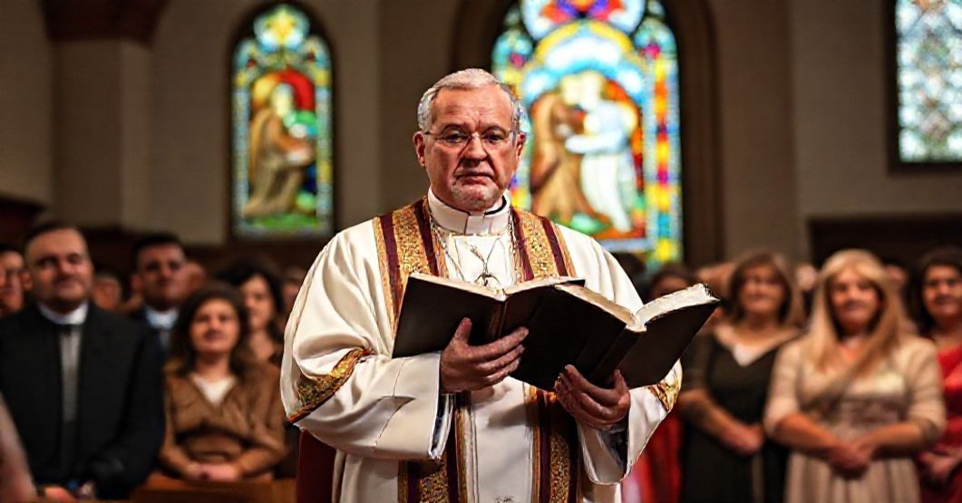 Biskup katolicki przemawia o ochronie życia - witraż z Zwiastowaniem w tle Biskup katolicki w tradycyjnych szatach liturgicznych przemawia do zgromadzenia w kościele podczas mszy świętej. W tle witraż przedstawiający Zwiastowanie podkreśla świętość życia.