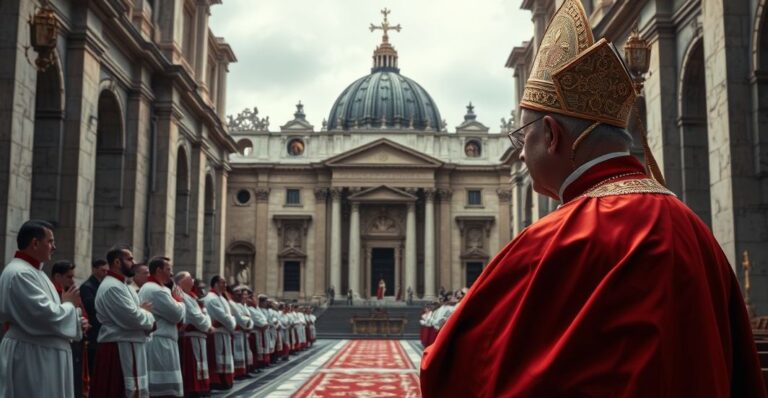 Biskup w tradycyjnym stroju w kościele, zaniepokojony skandalem religijnym, krytyczny wobec modernistycznych nadużyć w Kościele katolickim