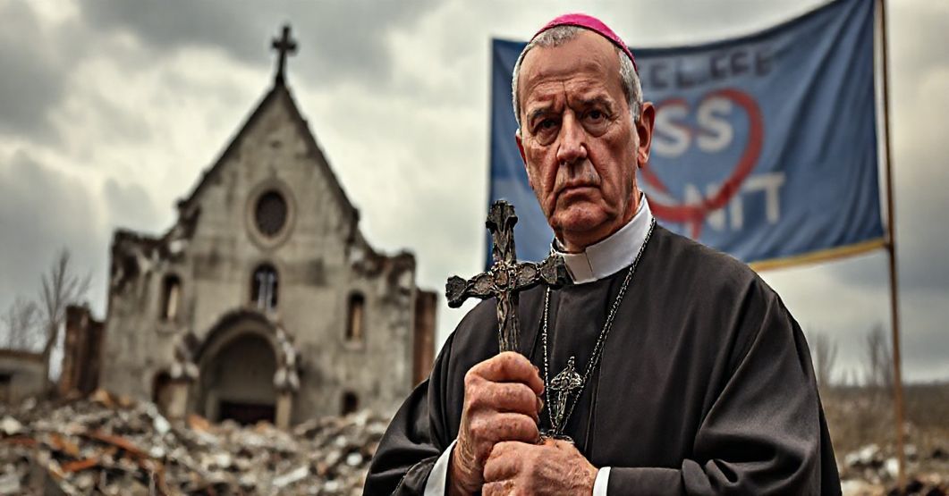 Biskup katolicki w tradycyjnych szatach przed ruinami ukraińskimi, trzymający krzyż. W tle uszkodzona świątynia i ekumeniczny transparent.