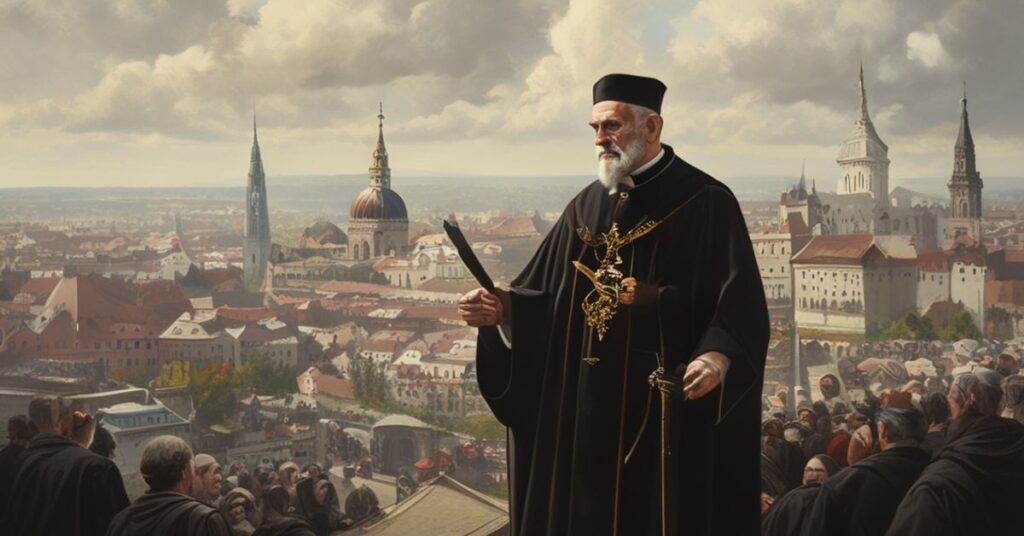 Biskup katolicki w tradycyjnych szatach stojący przed widokiem Warszawy i Krakowa, wyrażający troskę wobec ideologicznych polityk ekologicznych.