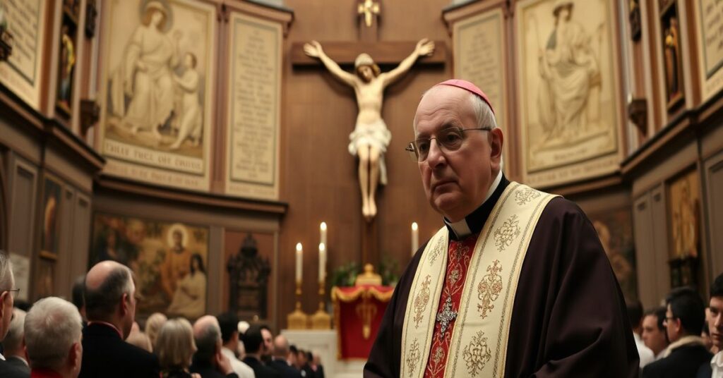 Tradycyjny biskup katolicki w kaplicy z krzyżem i łacińskimi napisami.