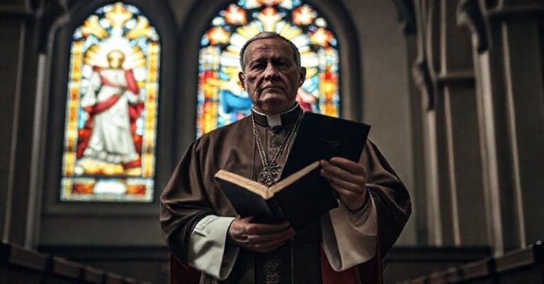 Solemne zdjęcie biskupa katolickiego w tradycyjnych szatach liturgicznych w katedrze, rozważającego brak społecznego uznania Chrystusa Króla w współczesnej polityce