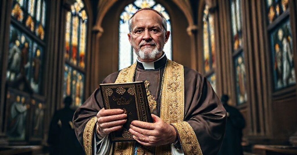 Tradycyjny biskup katolicki w pełnym stroju liturgicznym stojący w europejskim katedrze z witrażami przedstawiającymi świętych. Przeciwstawia się modernistycznej herezji i fałszywemu ekumenizmowi.