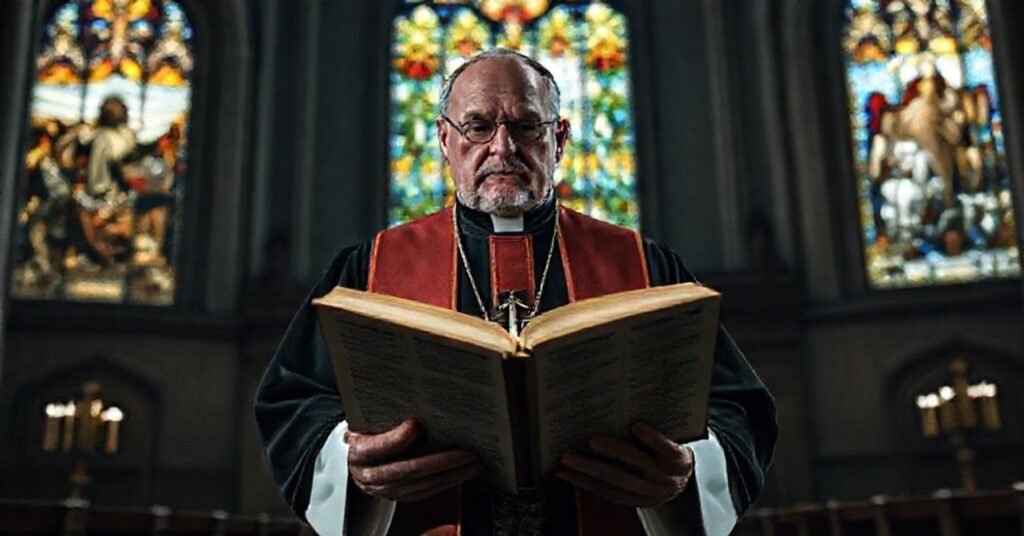 Katolicki biskup w tradycyjnych szatach liturgicznych czyta z Biblii w katedrze przy oknie witrażowym przedstawiającym sceny wojny. Tło symbolizuje kryzys moralny relatywizmu wobec ambicji Putinowskich.