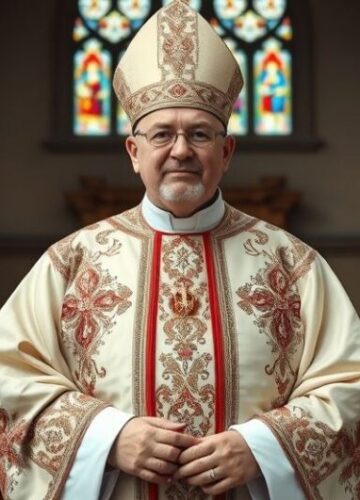 Biskup katolicki w świątyni - wyraz wiary i tradycji Fotografia realistycznego biskupa katolickiego w tradycyjnych szatach, w świątyni z klasyczną architekturą i witrażami, oddająca powagę, wiarę i wierność prawdziwej nauce Kościoła