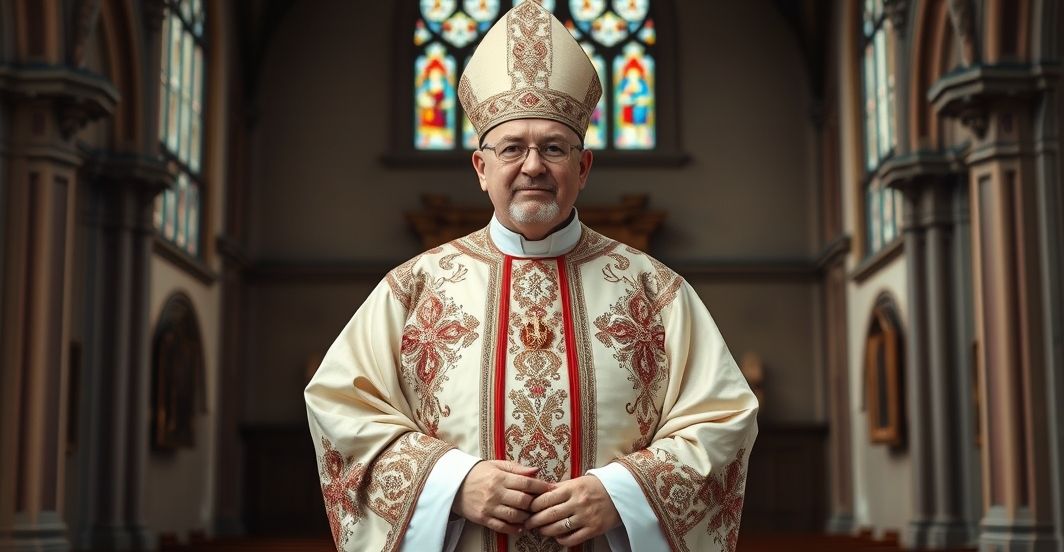 Biskup katolicki w świątyni - wyraz wiary i tradycji Fotografia realistycznego biskupa katolickiego w tradycyjnych szatach, w świątyni z klasyczną architekturą i witrażami, oddająca powagę, wiarę i wierność prawdziwej nauce Kościoła