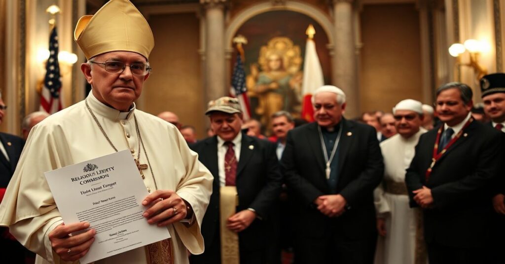 Sobór katolicki biskup w tradycyjnych szatach liturgicznych przed grupą światowców w Waszyngtonie