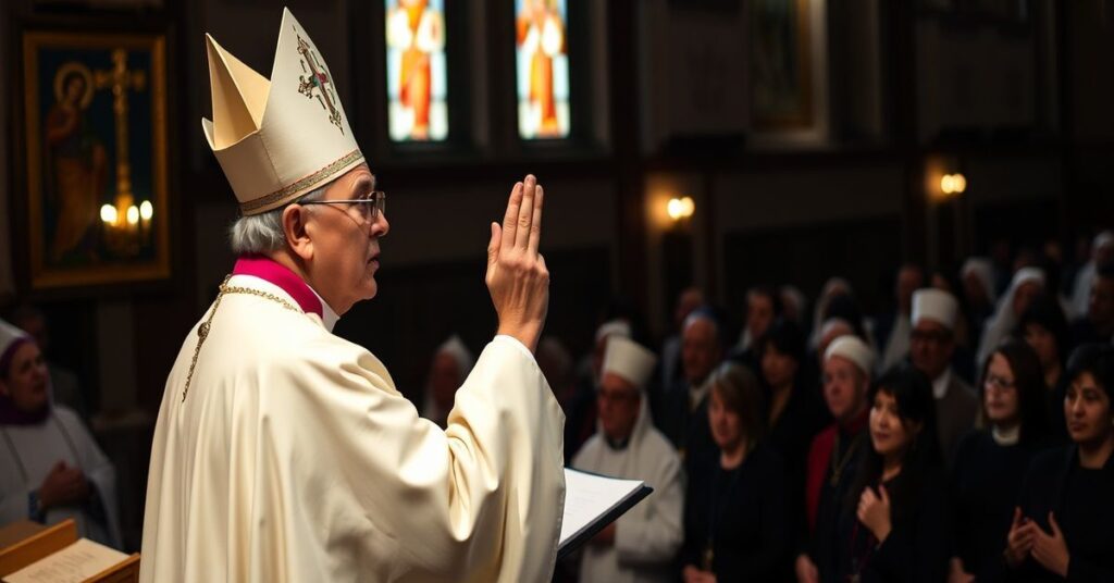 Biskup Edward Kawa przemawia przed zgromadzeniem duchowieństwa i wiernych podczas wielkopostnego nabożeństwa w tradycyjnym kościele katolickim