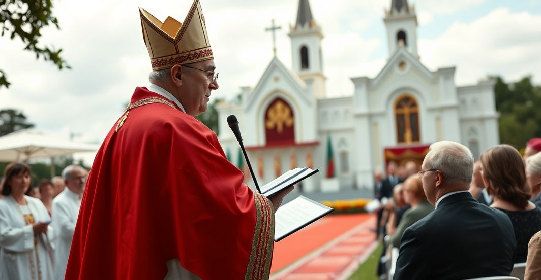 Biskup w tradycyjnych szatach głosi kazanie na zewnątrz, wśród wiernych, ukazując powagę i tradycyjną katolicką atmosferę