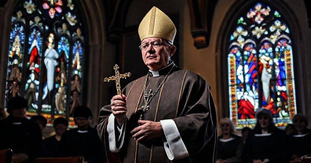 Biskup w tradycyjnym stroju liturgicznym modli się w starym kościele w Szkocji przed projektem ustawy o asystowanym samobójstwie