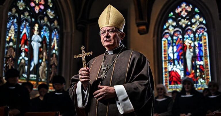 Biskup w tradycyjnym stroju liturgicznym modli się w starym kościele w Szkocji przed projektem ustawy o asystowanym samobójstwie