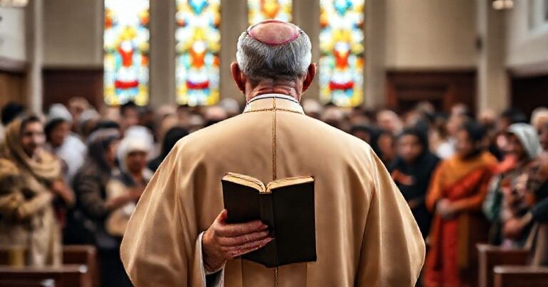 Tradycyjnie ubrany biskup stoi w kościele z grupą migrantów na tle, ignorując ewangelizację