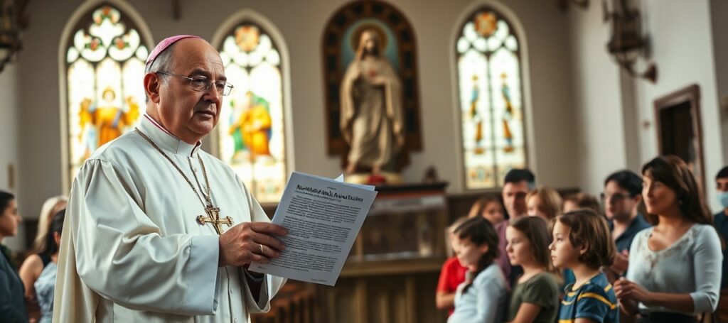 Biskup w tradycyjnym stroju liturgicznym trzyma oświadczenie KEP w ręce przed grupą rodziców i dzieci w kościele.