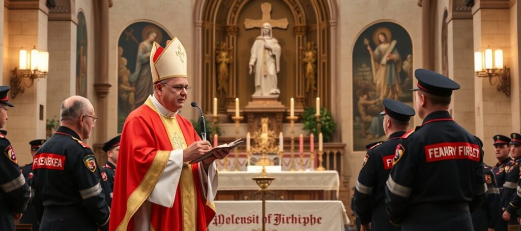 Biskup Jacek Kiciński podczas homilii dla strażaków w bazylice garnizonowej św. Elżbiety we Wrocławiu