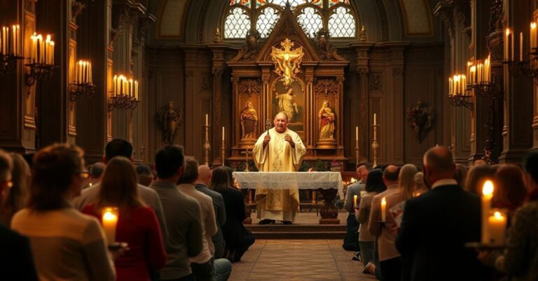 Biskup Kleszcz podczas mszy rorat w tradycyjnym kościele z wiernymi modlącymi się na kolanach przy świetle świec.